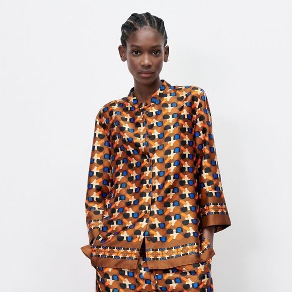 ZARA PRINTED BAND COLLAR SHIRT - Picture 1 of 8